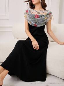 Modelyn 女款法式黑色花卉夏季優雅婚禮賓客洋裝，荷葉邊領口網紗刺繡拼接腰身復古洋裝 - 彩色 - 查看 8