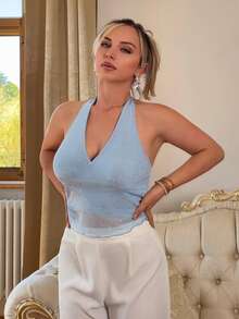 Jeta Ari Women's Rhinestone Decor Ruched Figure-Flattering Halter Neck Tank Top - Baby Blue - View 5