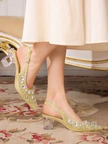 CUCCOO TILAWA Women's Crystal And Glass Rhinestone Pointed Gold High-Heeled Shoes, Suitable For Going Out, Banquets, Parties And Other Activities - Gold - View 5