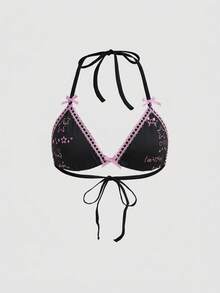 ROMWE Áo ngực tam giác buộc dây cổ yếm hình nơ dễ thương kiểu Kawaii dành cho nữ - màu đen - Xem 1
