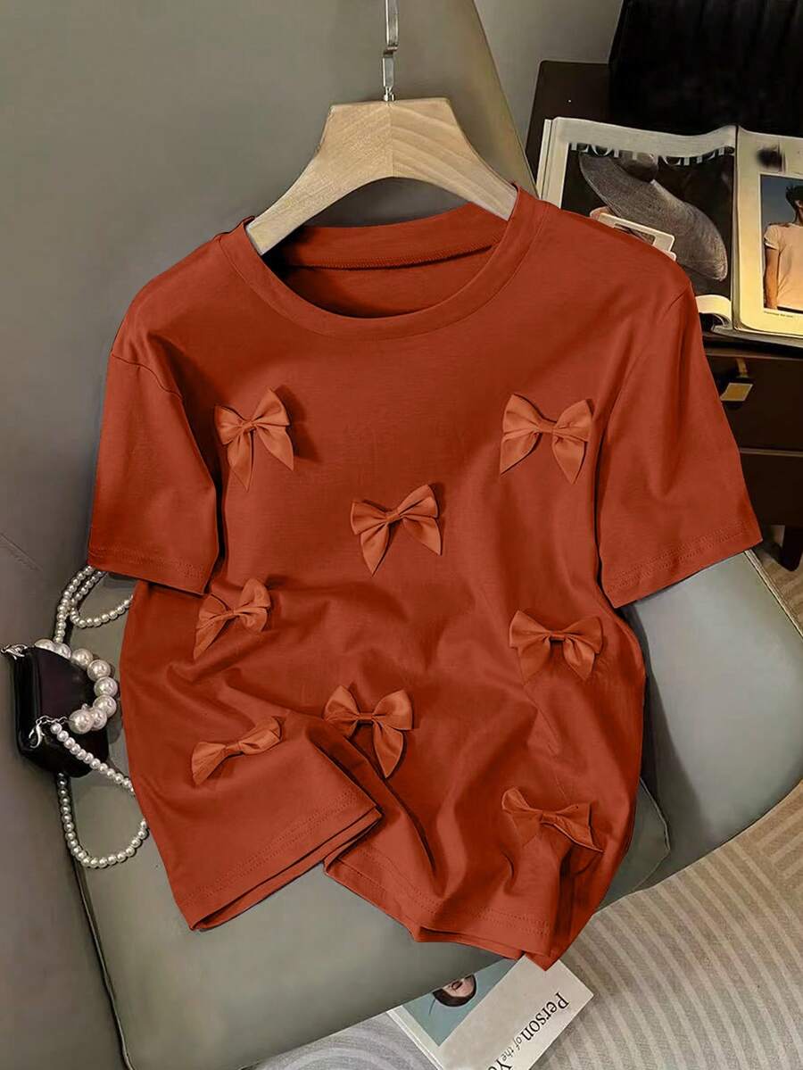 SHEIN LUNE 女士休闲H型圆领3D蝴蝶结短袖粉色T恤，夏季款