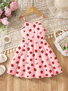 Girls' Strawberry & Bow Print Casual Dress, Suitable For Spring And Summer - Multicolor - View 3