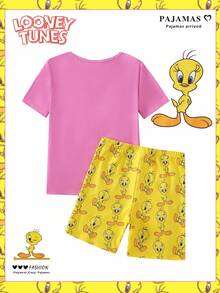 LOONEY TUNES X SHEIN GraphicGems 2pcs Tween Girl Summer Casual Cute Sleepwear Set, Pink And Yellow Duck Print Top Shorts, Knit Stretchy Fabric, Comfortable Loungewear Snug Fit Family - Multicolor - View 3