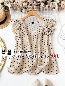 SHEIN CURVE+ Plus Size Women's Casual Polka Dot Print Ruffle V-Neck Blouse, Summer - Apricot - View 1