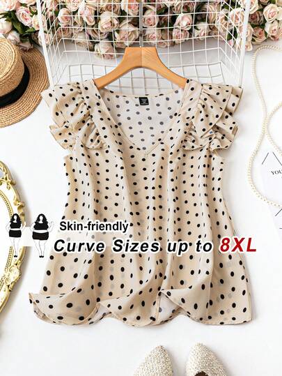 SHEIN CURVE+ Áo kiểu nữ cỡ lớn, họa tiết chấm bi, cổ chữ V, bèo nhún, thích hợp cho mùa hè.