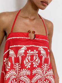 Maija Áo tank top nữ mùa hè không tay, cổ yếm, buộc dây, dáng rộng, thoải mái, thích hợp đi biển hoặc du lịch, in hình cây cọ đỏ. - Đỏ - Xem 5