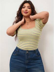 Enliva Plus-Size Women's Striped Square Neck Short-Sleeved T-Shirt,High-Elasticity Slim-Fit Skin-Friendly Yellow Summer Smart Casual Everyday Rounded Figures - Multicolor - View 6
