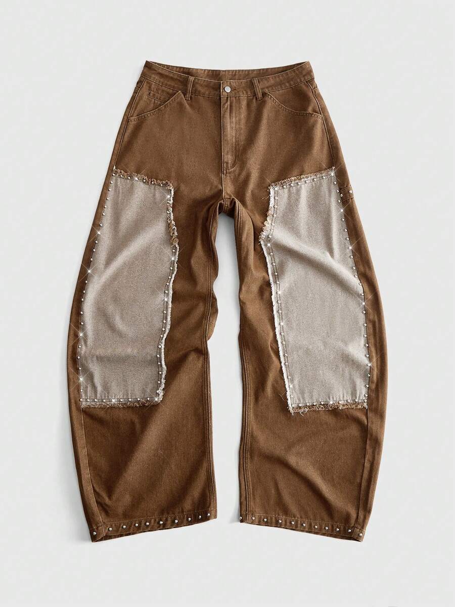 ROMWE MEN Street Life Men's Casual Fashion Street Style Distressed Patch Rivet Decor Loose Straight Leg Jeans - Brown - View 1
