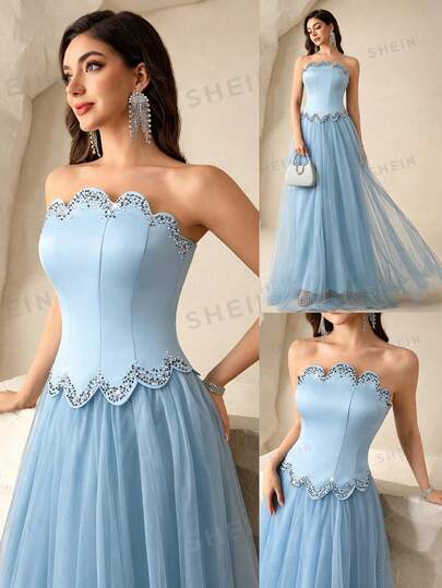 Coutiva Đầm dạ hội maxi nữ đính đá lấp lánh, phối lưới, kiểu dáng trang trọng (đính đá rất cầu kỳ)