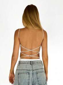 SHEIN BAE Áo Cami hở lưng chéo màu trơn - trắng - Xem 2
