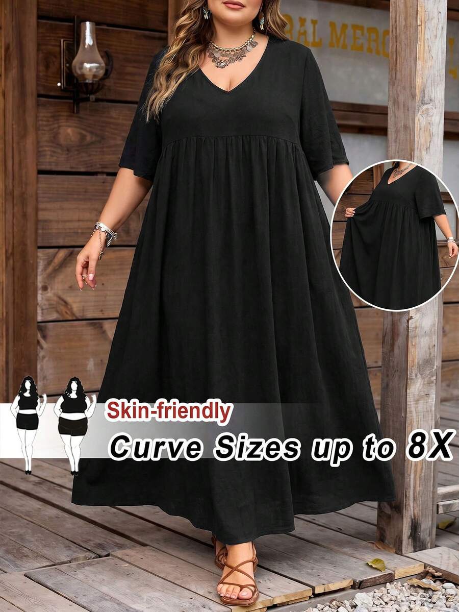 SHEIN CURVE+ Curve Size US22Music Festival, Seaside Vacation, Bohemia Women's Vacation Loose Ditsy Floral V-Neck Short Sleeve BabydollTeacher Dress - Black - View 1