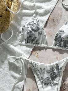 Swim Mod 2-Piece Swimwear, Solid Color Sequin Textured Halter Bra Top And Side Tie Bottoms Sexy Bikini Set, Spring/Summer Beach Vacation - White - View 5