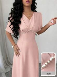 Modelyn Đầm dài màu xanh lá cây đính ngọc trai, cổ chữ V, eo cao. - Hồng - Xem 1