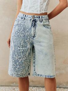 Anewsta Women's New Fashion Lace Patchwork Blue Jeans Capri Pants - Blue - View 3