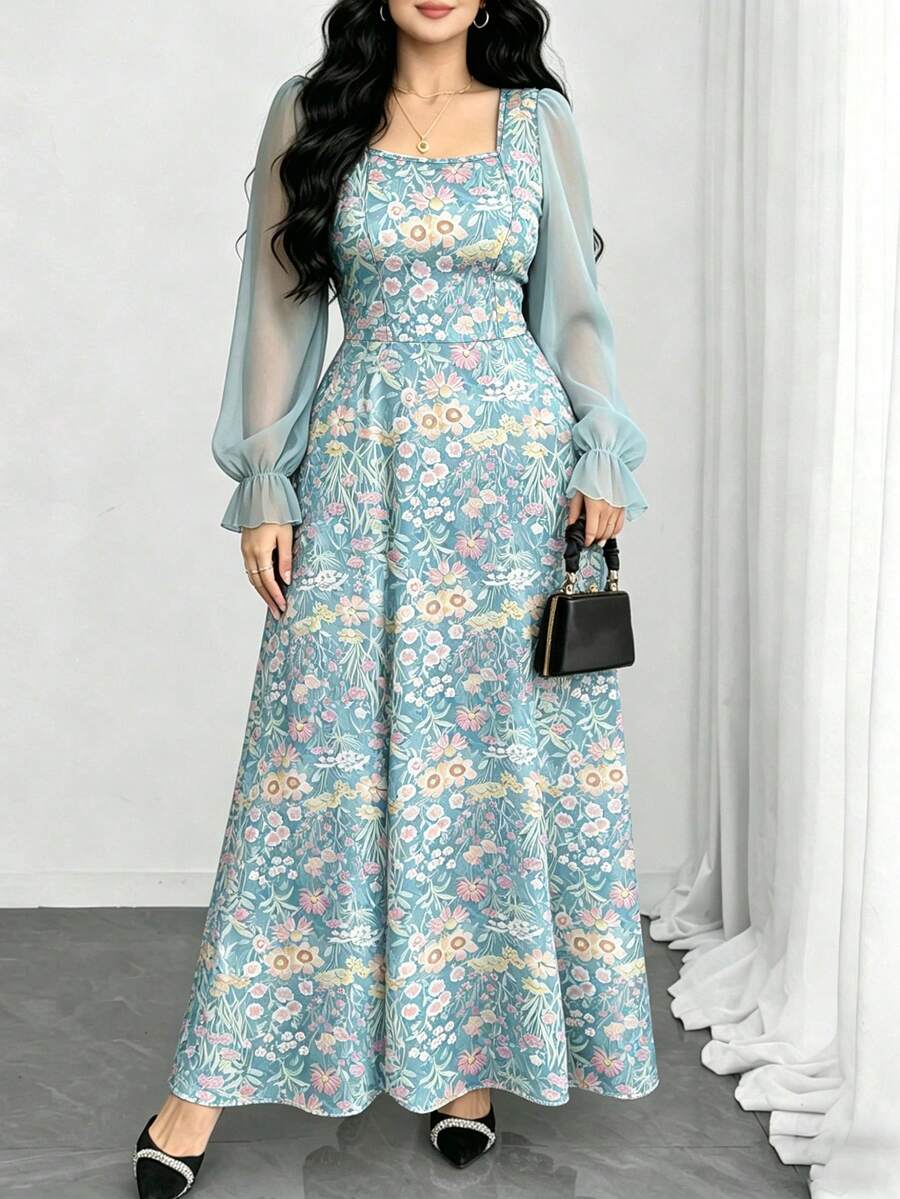 Modelyn Traumhaftes Blümchen Muster mit Stickerei Große Größen Hellblau Kleid, Damen Mode Quadratischer Ausschnitt Laternärmel Einfaches Langes Kleid, Sommer Taille Raffung Elegantes Maxikleid, geeignet für Sommerurlaub und täglichen Gebrauch - Verschiedenfarbig - Übersicht 1