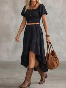 LanaWest Women Black Summer Boho Holiday Vacation Holiday Textured Linen Blend Square Neck Ruffle Sleeve Button Top & Asymmetric Ruffle Hem Skirt 2-Piece Set - Black - View 6