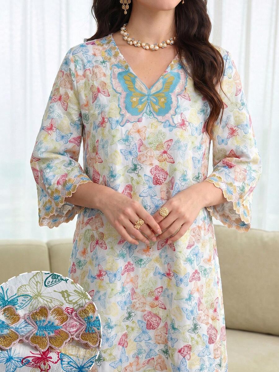 Yasmyna Elegant Jacquard Print V-Neck Loose Fit Flared Long Sleeve Formal Dress For Women - Multicolor - View 1