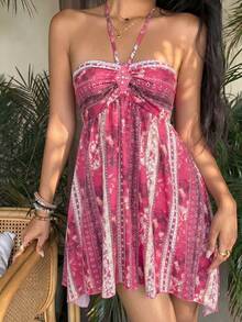 Sunnyshic Đầm ngắn nữ thời trang thường ngày, phong cách bohemian retro, họa tiết paisley đính sequin hình thoi, vạt áo bất đối xứng, cổ yếm và nơ, thích hợp cho kỳ nghỉ hè. - Hồng - Xem 4