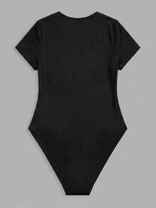 SHEIN BASICS 女款 95% 棉休閒端莊基礎極簡黑色針織圓領短袖連身衣，適合夏季日常、日間、辦公室與居家休閒穿著 - 黑色 - 查看 8