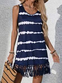 Swim Lushoire Gaun Penutup Tanpa Lengan Motif Garis-garis Musim Panas untuk Wanita dengan Rumbai di Bagian Bawah - Navy Blue - View 4