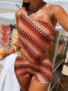 Swim Vcay 夏季女款彩虹波浪紋單肩露背綁帶設計比基尼上衣與短褲兩件套，適合海灘派對與度假 - 彩色 - 查看 4