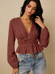 Poéselle Women's Casual Versatile Solid Color Cinched Waist Shirt,Summer Top - Redwood - View 5