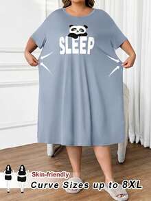 SHEIN CURVE+ 大码休闲熊猫印花圆领睡裙 - 霧霾藍 - 查看 1
