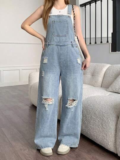 SHEIN Thời trang nữ tuổi teen phong cách thường ngày Y2K vintage cá tính đường phố đơn giản rộng rãi thoải mái hoài cổ quần jeans xanh bạc màu rách lưng cạp chun cho nữ sinh tuổi teen, trang phục hàng ngày và trang phục dự tiệc mùa xuân hè cho nữ sinh, trang phục đường phố.