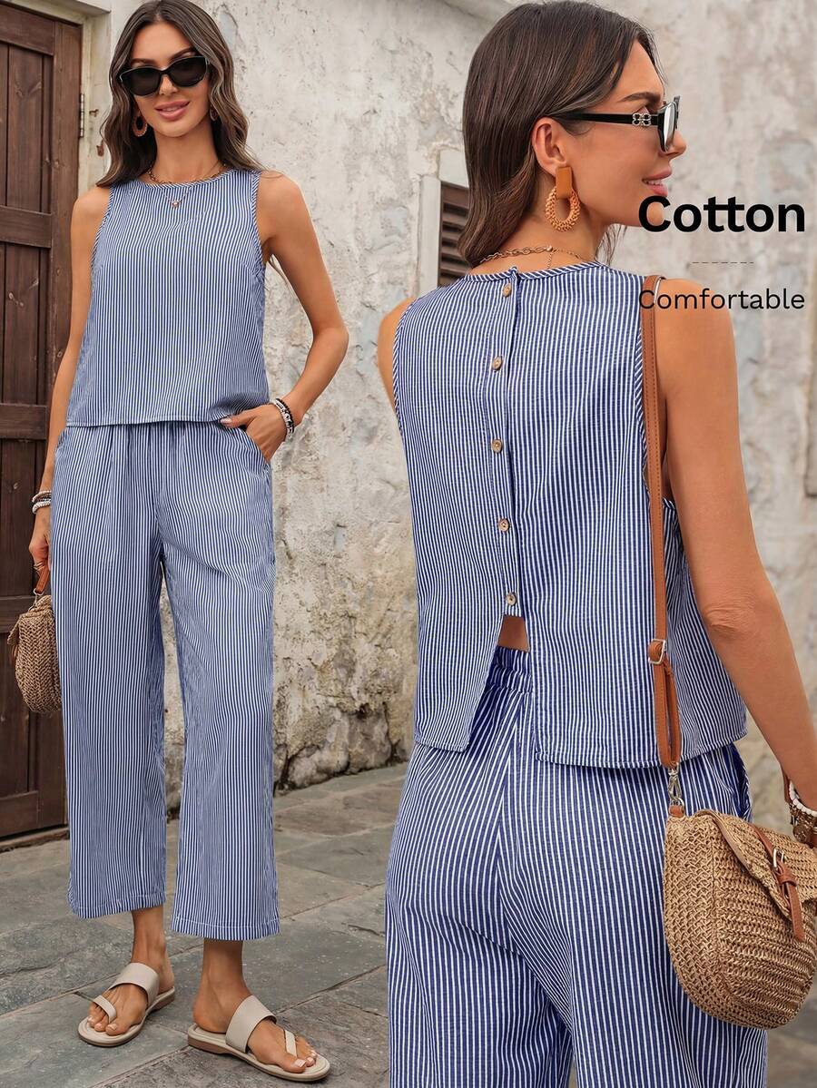 EMERY ROSE Women's Fashionable Versatile Striped Tank Top And Casual Pocket Pants 2 Pieces Set,Summer Outfits For Women - Navy Blue - View 1