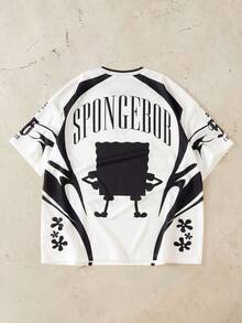 SpongeBob SquarePants | SHEIN Áo thun nam cổ tròn in chữ, kiểu dáng thường ngày, đa năng. - Đen và trắng - Xem 4