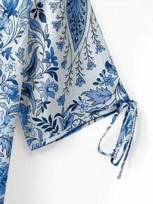 Linhara Camisa de manga corta holgada con estampado floral diminuto, estilo suave y retro - Celeste - Ver 3