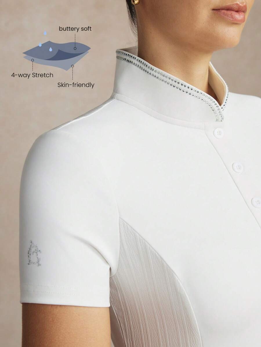 Activina Women's Stand Collar Studded Decor Casual Daily Riding Shirt Short Sleeve Top Crystal Design White Elegant Summer