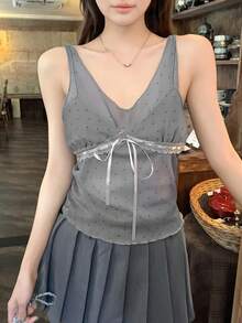 DAZY 波点撞色蕾丝边系带休闲度假夏季女式背心外套 - 灰色 - 查看 1