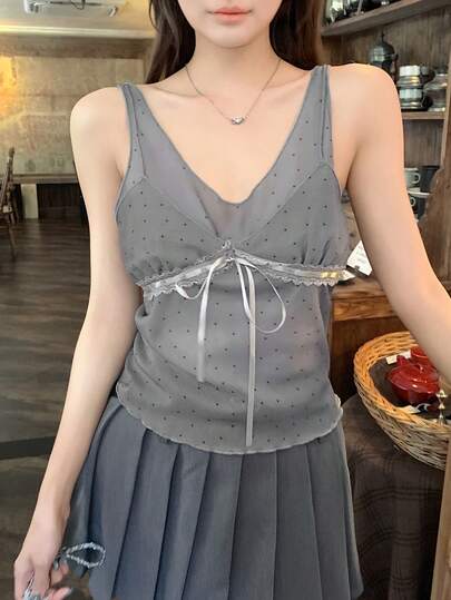 DAZY 波点撞色蕾丝边系带休闲度假夏季女式背心外套