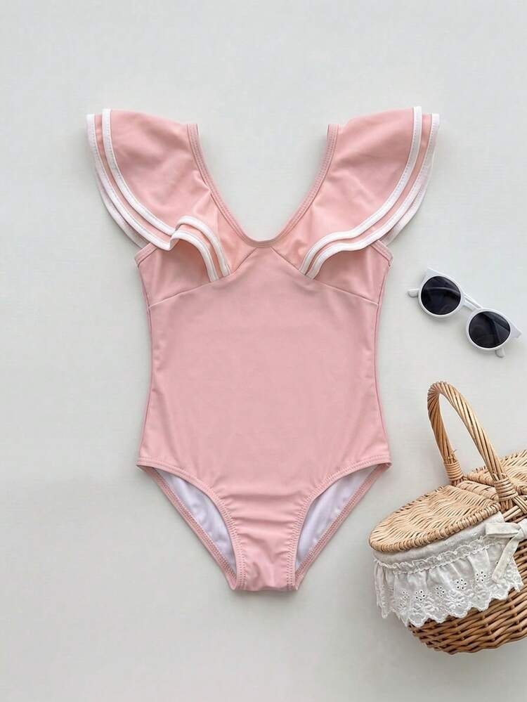 Young Girl Girl Cute One-Piece Pink Swimsuit, Fall Wear