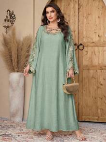Al Najma Plus Size Women Arabic Embroidered Dress - Green - View 5