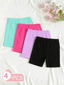 4pcs/Set Girls 4-7Y White Summer Casual Solid Color,Leopard Bow Print Elastic Waist Shorts,Versatile All-Match Bottoms For School,Daily Wear - Multicolor - View 2