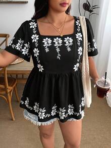 Enliva Plus Size Music Festival, Seaside Vacation, Bohemia Casual Vacation Embroidered Floral Trim Ruched Waist Square Neck Blouse, Going Out Tops, For Apple And Rounded Body Shape - Black - View 7