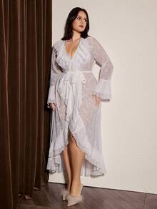 Slumberist Romantic White Floral Lace Sheer Long Sleeve Double Ruffle Trim Open Front Plus Size Women Robe - White - View 5