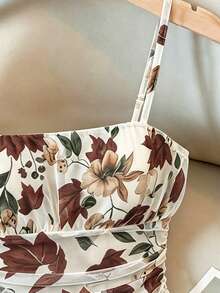 Franclia Women's Casual Floral Print Pleated Camisole For Vacation - Beige - View 4