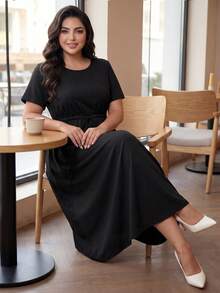 SHEIN Lady CURVE 大码女士夏装短袖连衣裙黑色连衣裙休闲女装夏季连衣裙女士节日连衣裙 - 黑色 - 查看 3