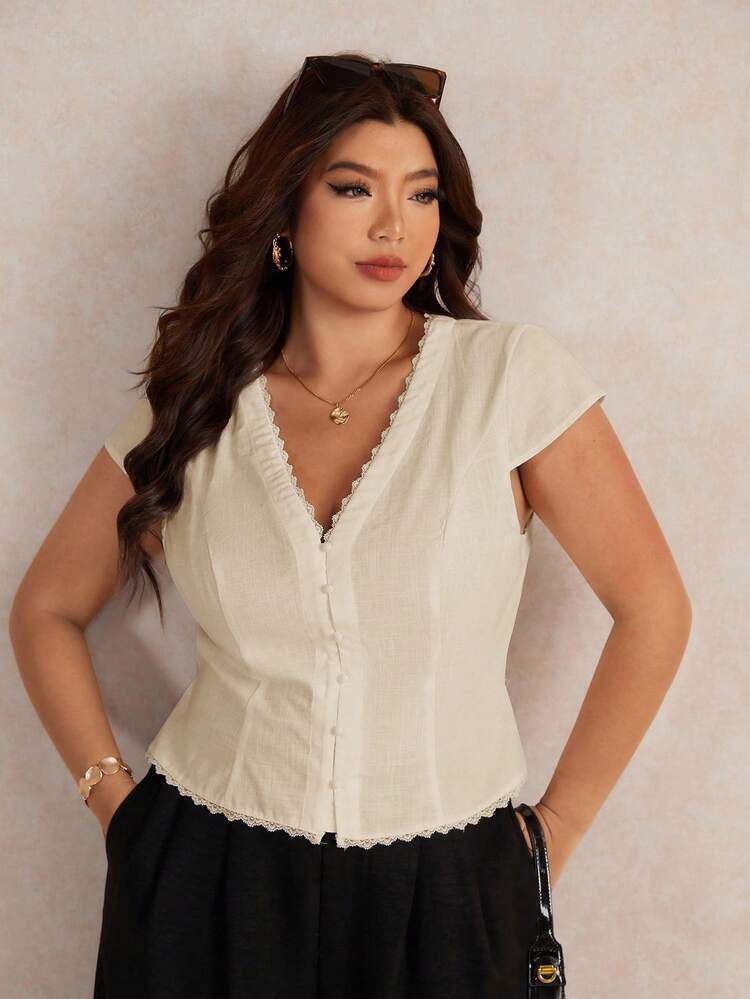 Elaquor 大码女式纯色V领短袖单排扣休闲衬衫 - 杏色 - 查看 7