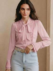 Anewsta Elegant Bowknot Tie Design Embroidered Beaded Women Blouse - Pink - View 3