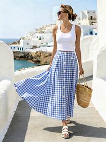 SHEIN Holidaya 女士格子休闲百搭约会旅行迷你裙 - 藍白色 - 查看 3
