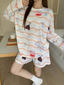 DAZY 2pcs/Set Women Loose Long Sleeve Crop Top And Shorts Pajama Set, Summer - White - View 6