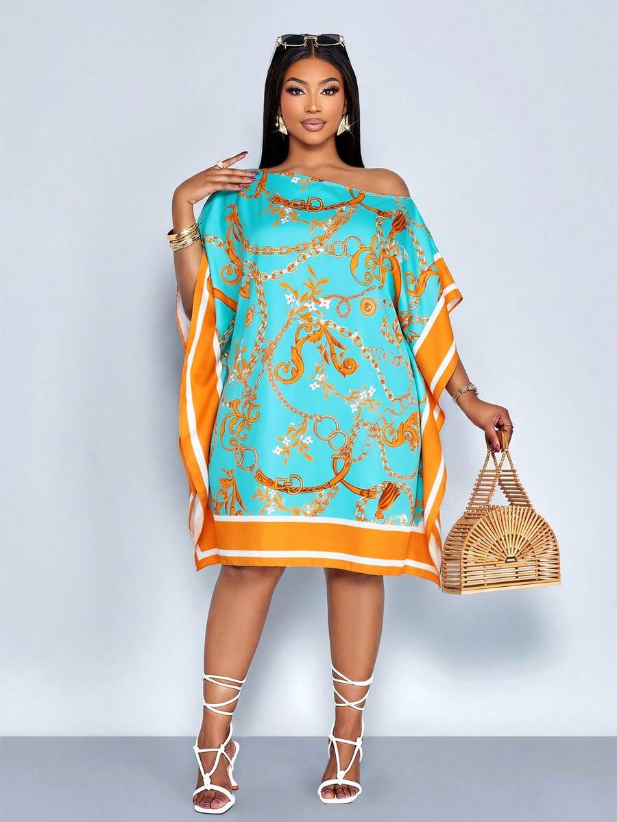SOLERSUN Plus Size Women's Gold Summer Boho Elegant Tea Party Al-Adha Mid Length Dress,Off Shoulder Square Scarf Retro Forest Animal Positioning Printing - Green - View 1
