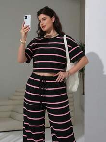 Solflare Plus Size Women Summer Striped Short Sleeve T-Shirt And Drawstring Waist Wide Leg Pants Casual 2 Piece Set - Multicolor - View 3