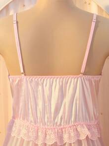 DelicateAllure Nuisette douce et sexy pour femmes avec décoration en dentelle, patchwork et nœud en maille - Rose pâle - Voir 11
