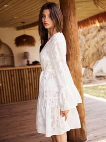 Áo choàng nữ phong cách Bohemian, giản dị, lãng mạn, chất liệu chiffon, ren, phối nhiều mảnh, xuyên thấu. - trắng - Xem 2