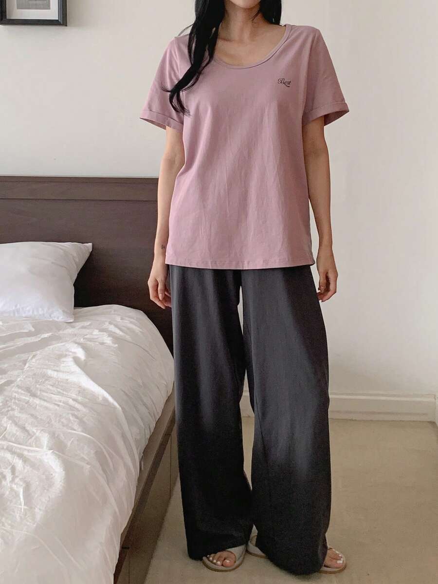 DAZY 女士短袖上衣和裤子睡衣套装 - 粉色 - 查看 1